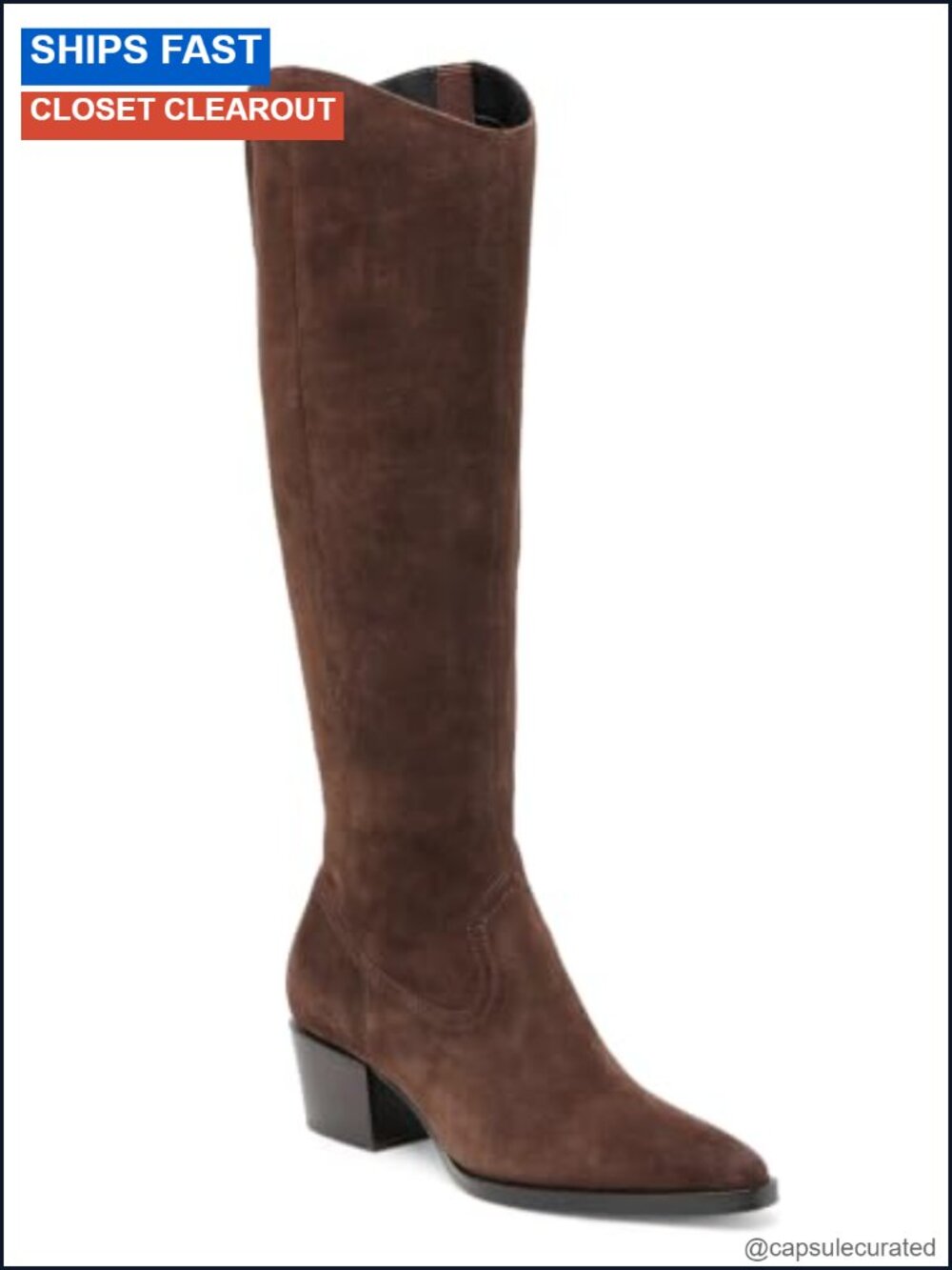 Coutgo Women Knee High Boots Wide Calf Chunky Heel Pointed Toe Zip Boots